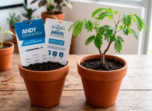 Credencial germinable de papel semilla para eventos corporativos y ferias empresariales.