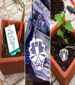 Etiqueta ecológica de papel semilla personalizada para empaques sostenibles.