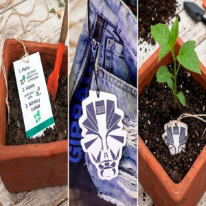 Etiqueta ecológica de papel semilla personalizada para empaques sostenibles.