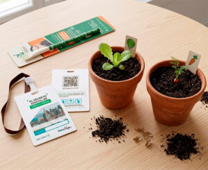 Kit de bienvenida para eventos corporativos con escarapela y bolígrafo ecológico germinable.