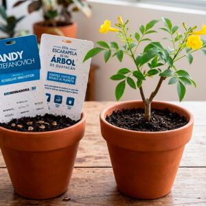 Escarapela germinable personalizada elaborada con papel semilla para eventos, congresos y regalos corporativos ecológicos.