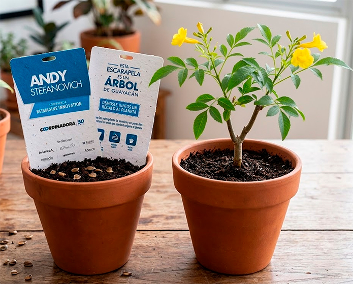 Escarapela germinable personalizada elaborada con papel semilla para eventos, congresos y regalos corporativos ecológicos.